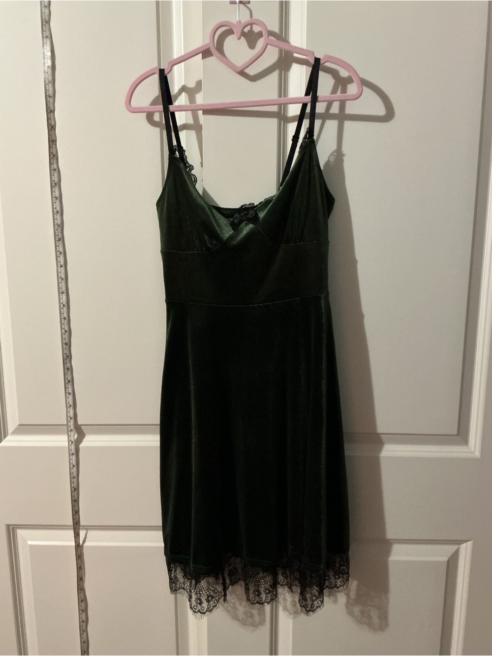 Women's Dark Green Velvet Slip Dress with Lace Trim